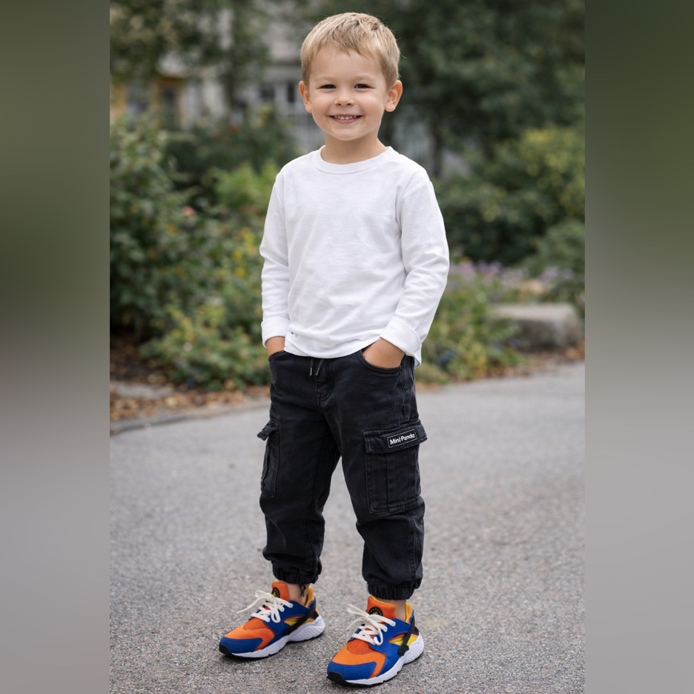 Mini Panda Kids Cargo Pants 4T Black Jogger Style Elastic Waist Cotton - Picture 5 of 5